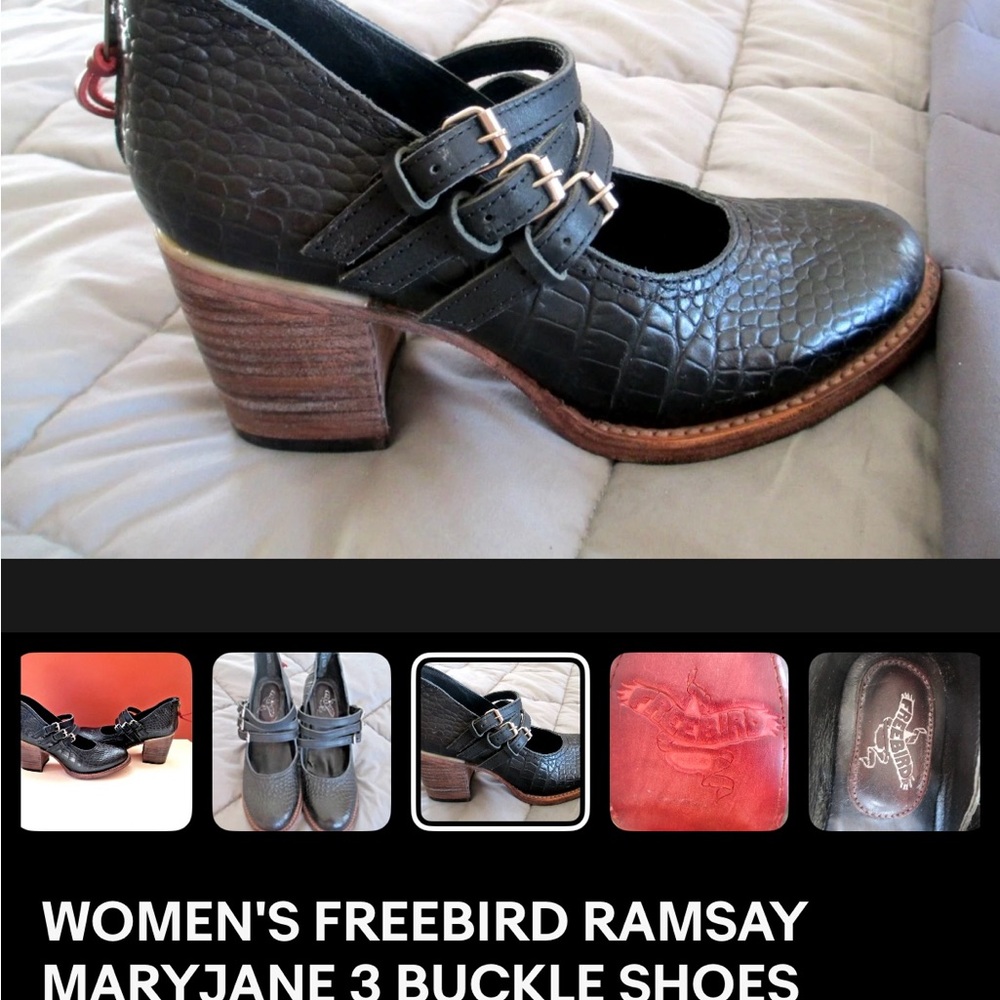 Freebird LEATHER Black Croc-Embossed MARY JANE Heels PUMPS 3 strap LIKE NEW - Picture 4 of 15